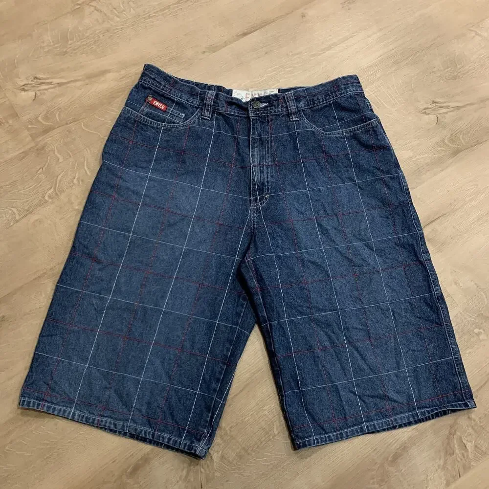 Vintage Y2K Enyce Jean Shorts Jorts Men's Size 36 Plaid Windowpane Dark Denim